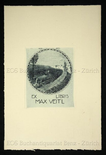 Kornhas, Walter (geb. 1887): - Radierung: Exlibris von Max Veitl - Engadiner Landschaft mit Brunnen.