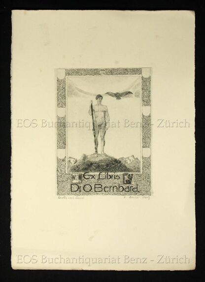 Kornhas, Walter (geb. 1887): - Radierung: Exlibris von Dr. O. Berhard - Männlicher Körper mit Adler und Aesculapstab.