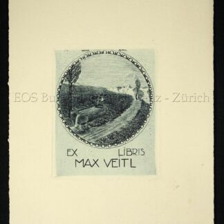 Kornhas, Walter (geb. 1887): - Radierung: Exlibris von Max Veitl - Engadiner Landschaft mit Brunnen.