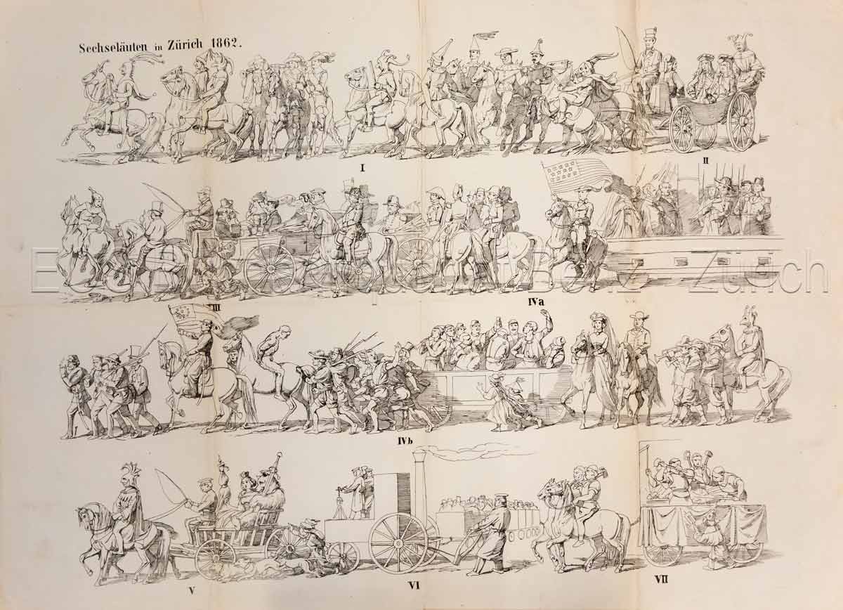 - Sechseläuten in Zürich 1862. Cosmopolitischer Carneval. Ein fliegendes Blatt aus der Chronik der Mode.