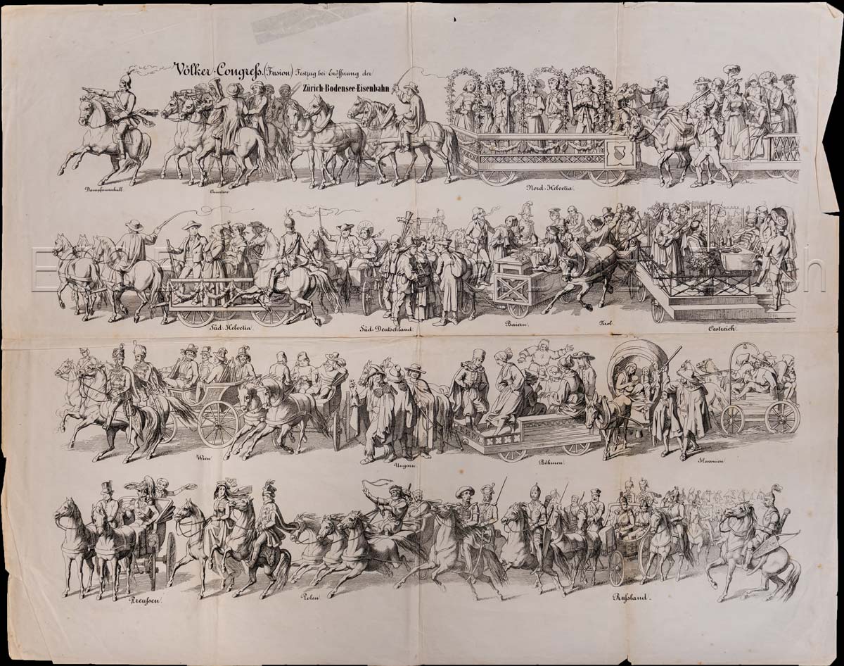 - Völker-Congress (Fusion). Festzug bei Eröffnung der Zürich-Bodensee-Eisenbahn.