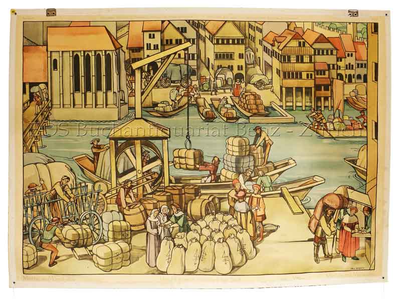 Boesch, Paul (1889-1969): - Marché au moyen-âge - Handel in einer mittelalterlichen Stadt - Mercado nel medioevo.