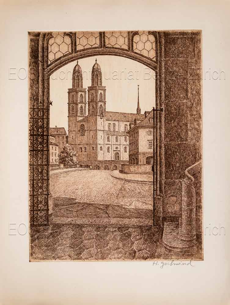 Gschwind, Hans (1907 - 1992): - Grossmünster vom Kreuzgang des Fraumünsters gesehen.