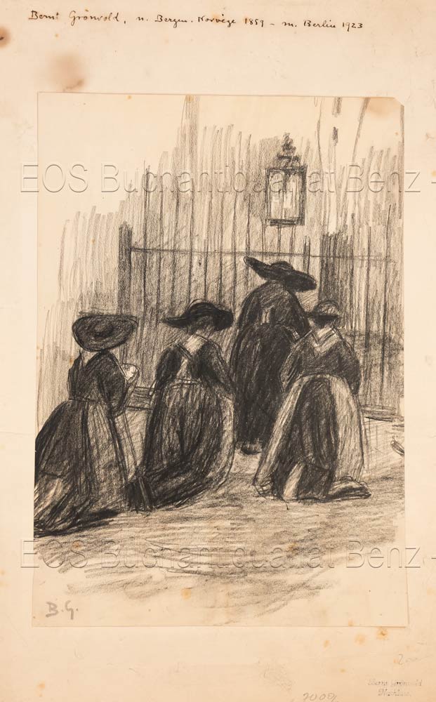 Grønvold, Bernt Borchgrevink (1859–1923): - Ohne Titel. - Frauen mit Hüten gehen durch die Gasse.