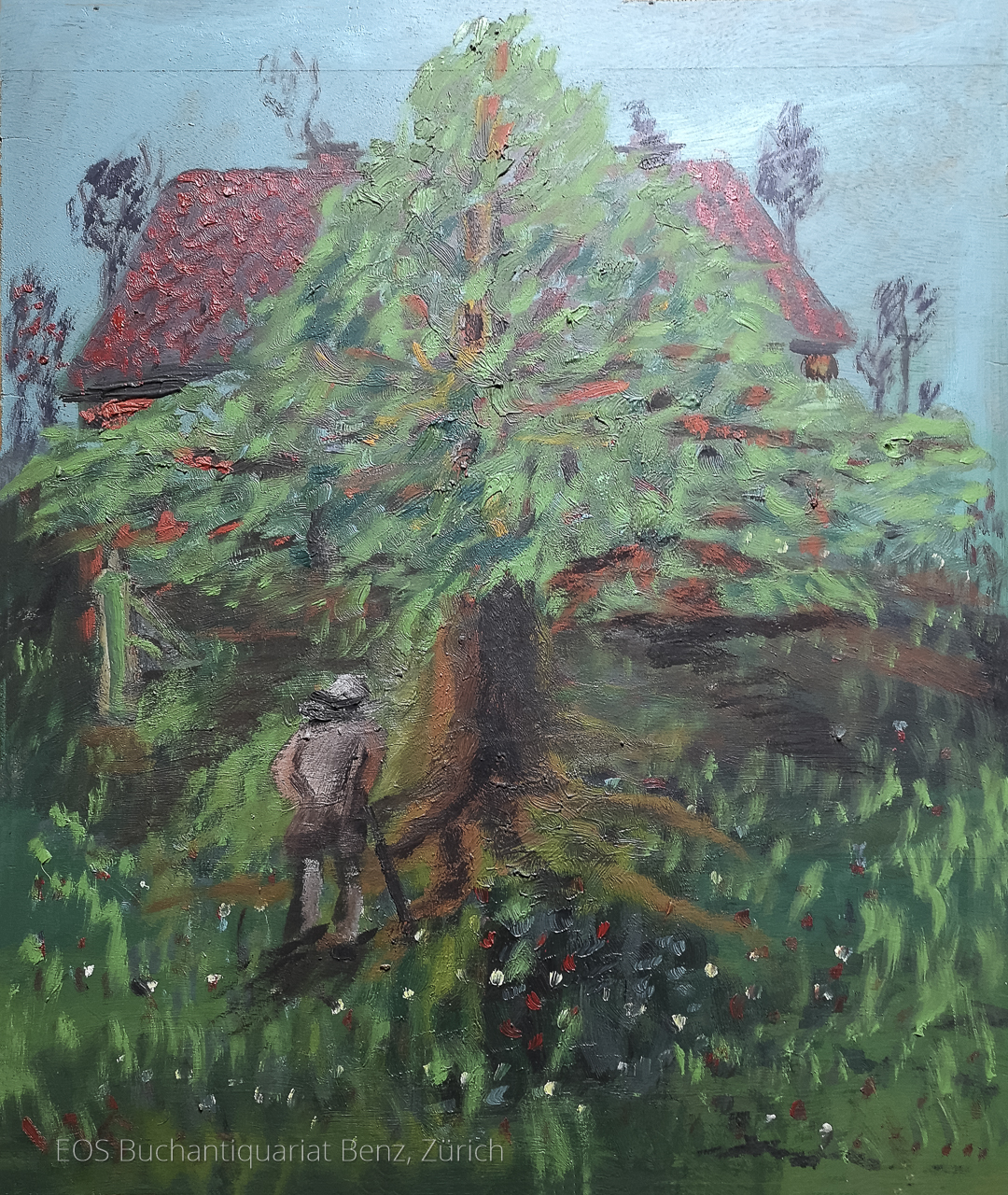 Eckertz, Waldemar (1878–1947): - (Mann mit Stock, grosser Baum, Haus im Hintergrund).