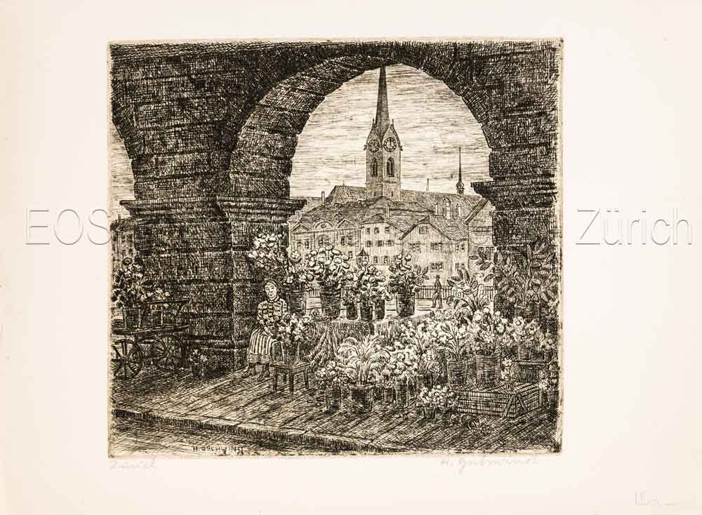 Gschwind, Hans (1907–1992): - Fraumünster mit Sicht aus den Bögen am Limmatquai. Mit Blumenstand und Verkäuferin im Vordergrund.