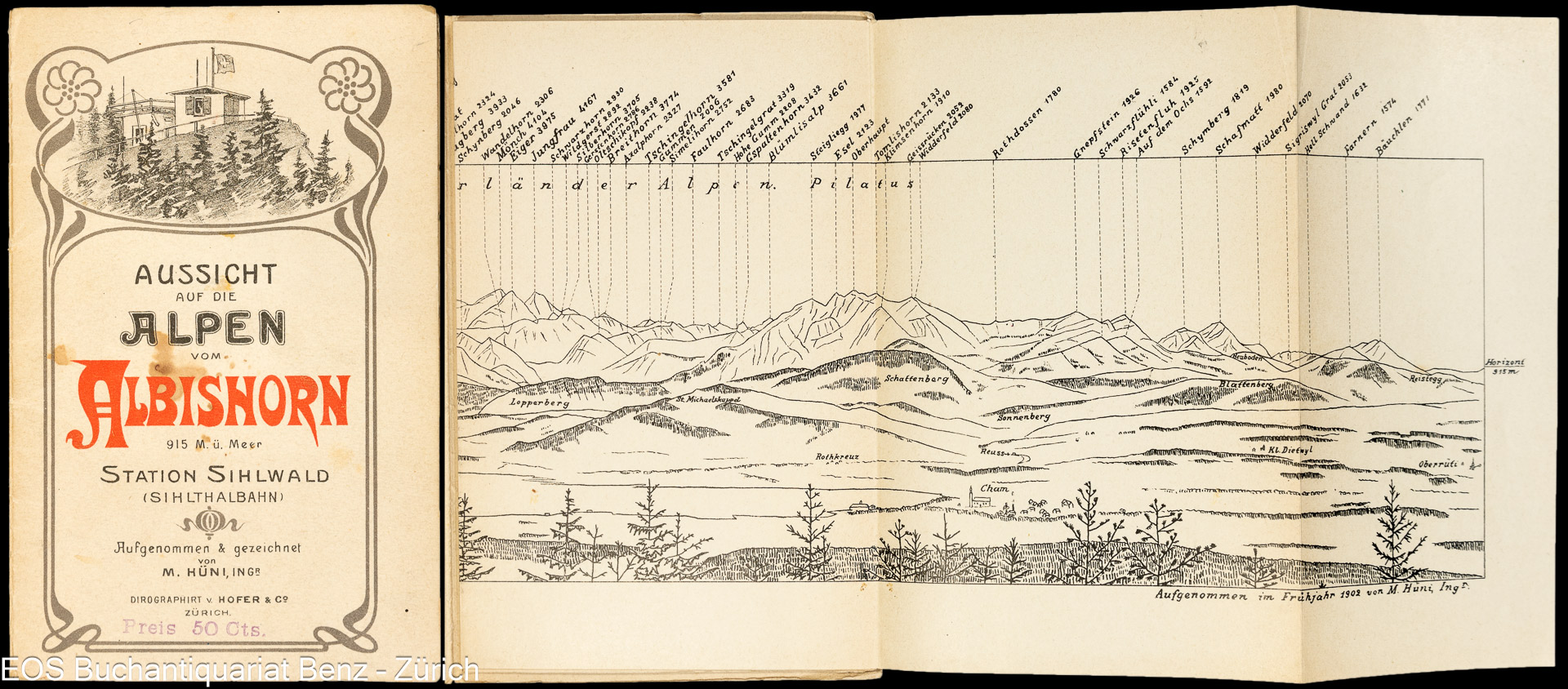 Hüni, M.: - Aussicht auf die Alpen vom Albishorn 915 M. ü. Meer. Station Sihlwald (Sihltthalbahn). Aufgenommen und gezeichnet von M. Hüni.