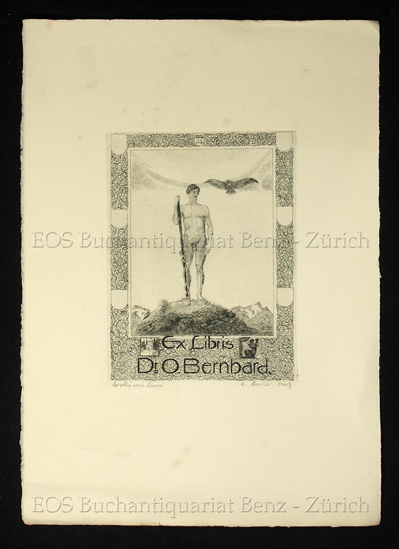 Kornhas, Walter (geb. 1887): - Radierung: Exlibris von Dr. O. Berhard - Männlicher Körper mit Adler und Aesculapstab.
