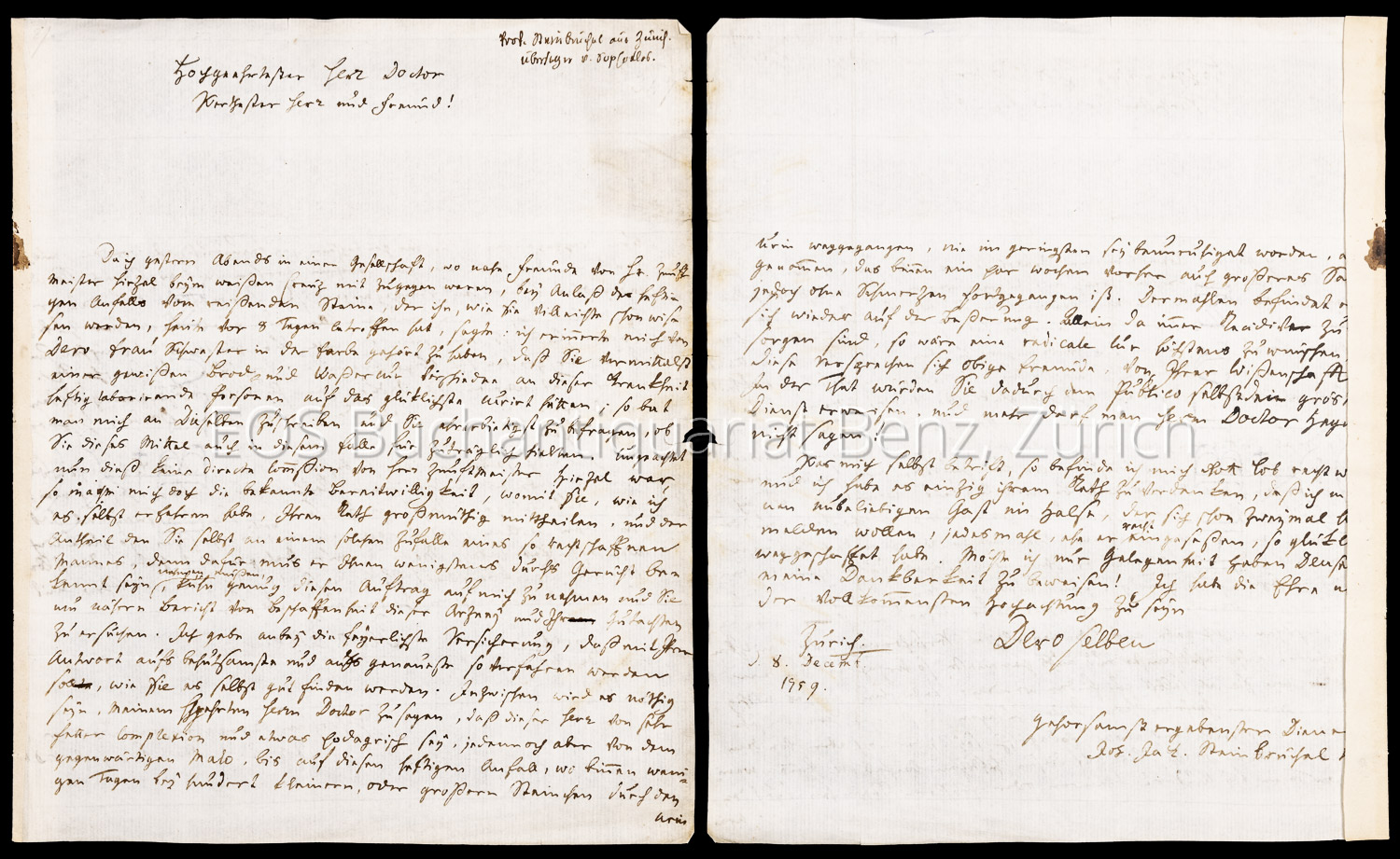 Steinbrüchel, Johann Jakob. (1729 – 1796). - Origineller Brief an einen Arzt wegen dessen Brod- und Wasserkur gegen den "reissenden Stein", der den Zunftmeister Hans Conrad Hirzel getroffen hat.