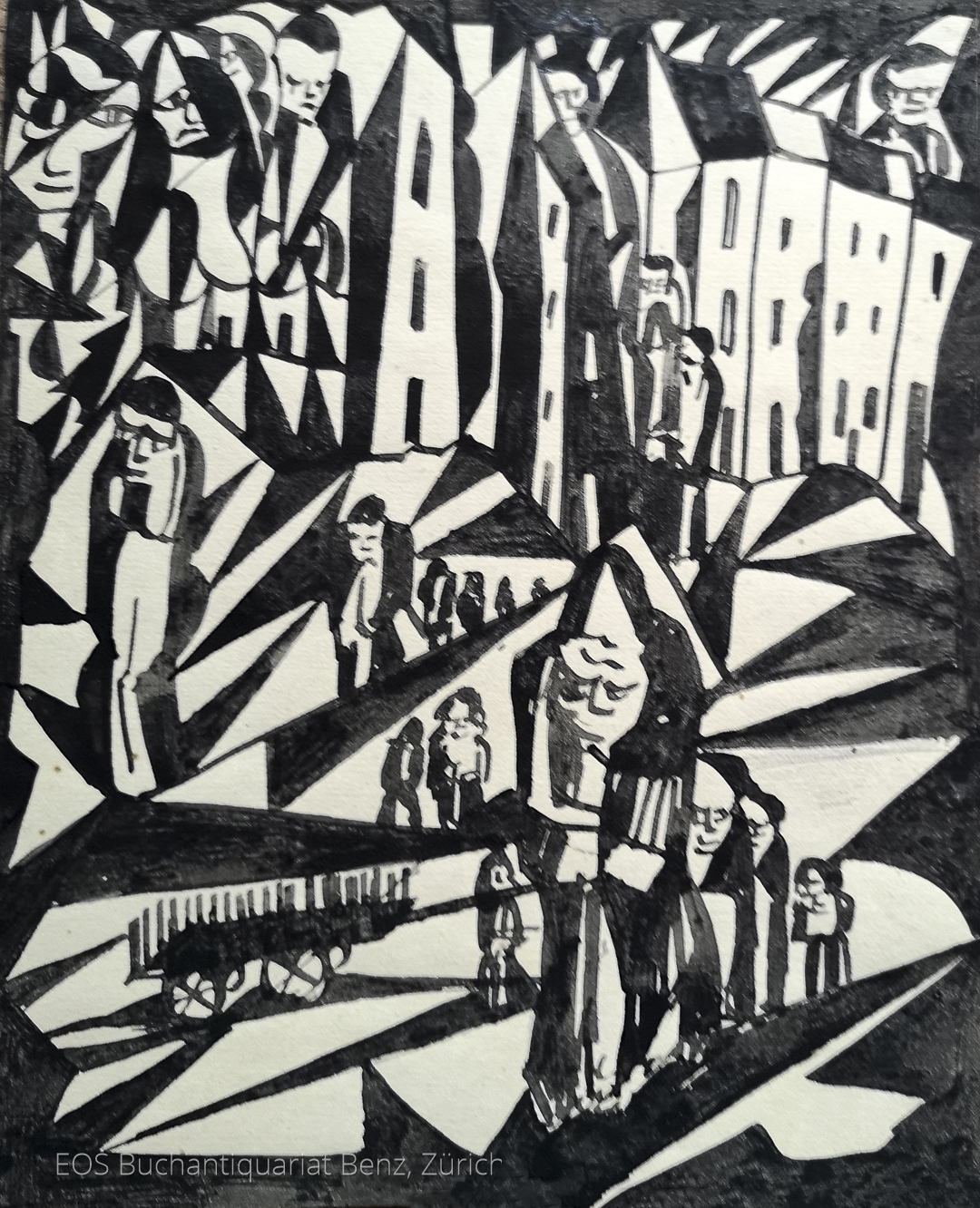 Eckertz, Waldemar (1878–1947): - (Häuserzeilen, dazwischen Personen und ein Wagen).