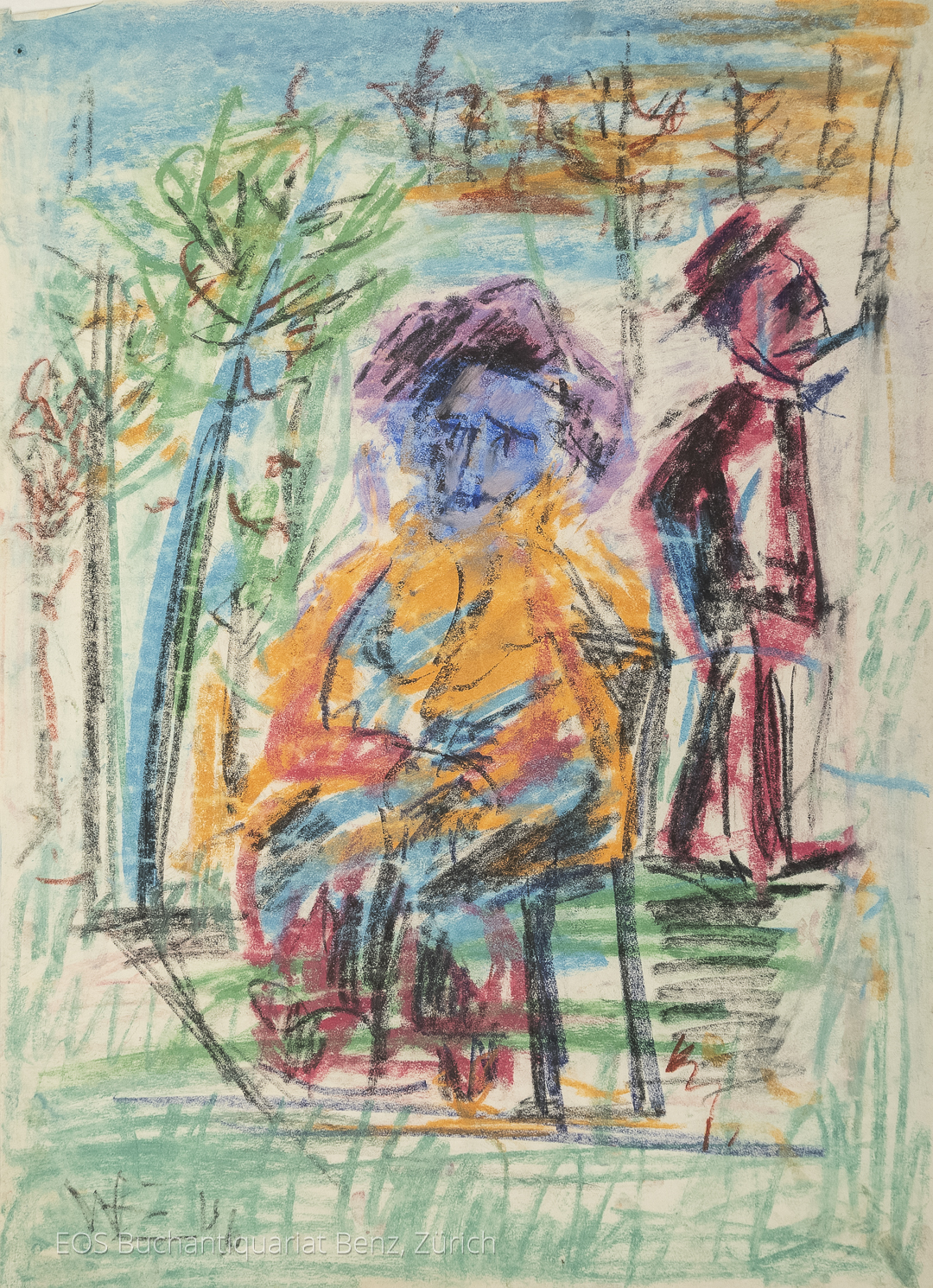 Eckertz, Waldemar (1878–1947): - Frau sitzend , Mann mit Zigarre im Hintergrund.