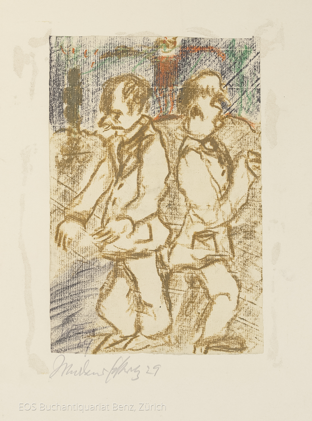Eckertz, Waldemar (1878–1947): - 2 Männer. Häuser im Hintergrund.