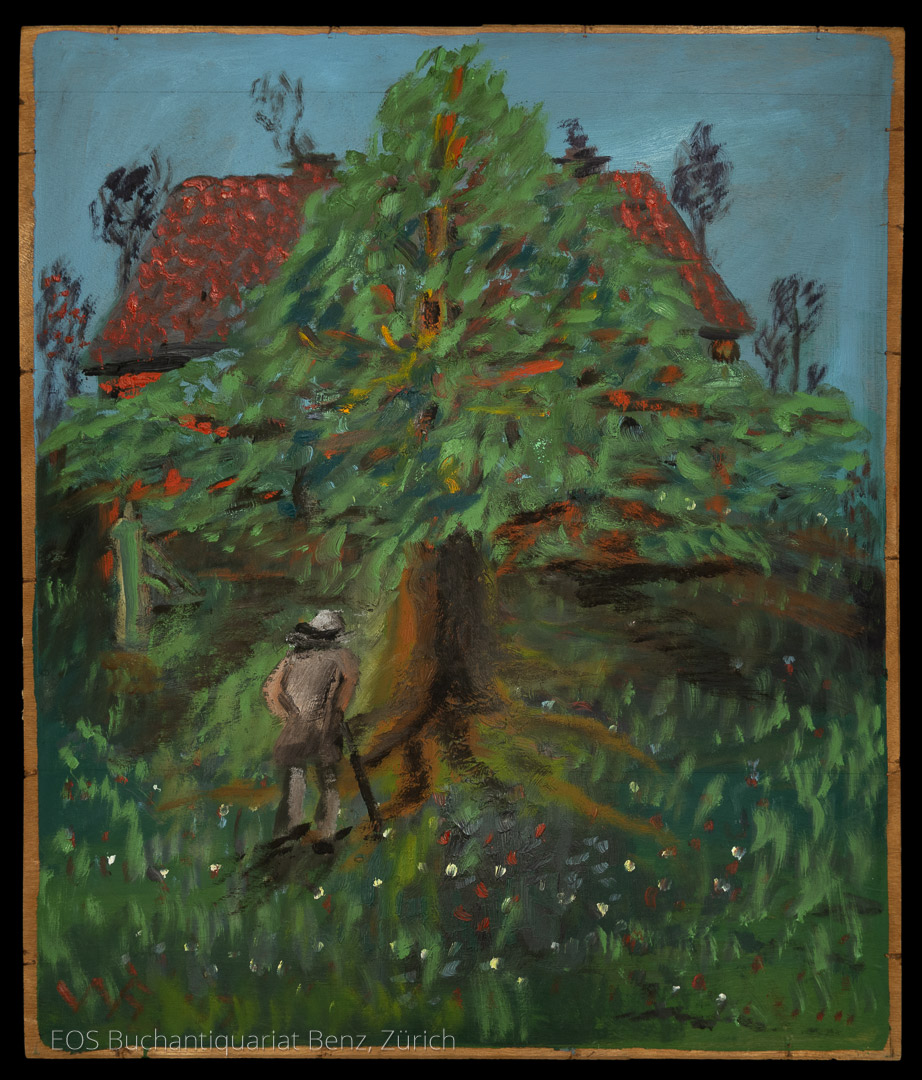 Eckertz, Waldemar (1878–1947): - Baumlandschaft mit Mann und Gestalt im Vordergrund. Bauernhaus im Hintergrund.