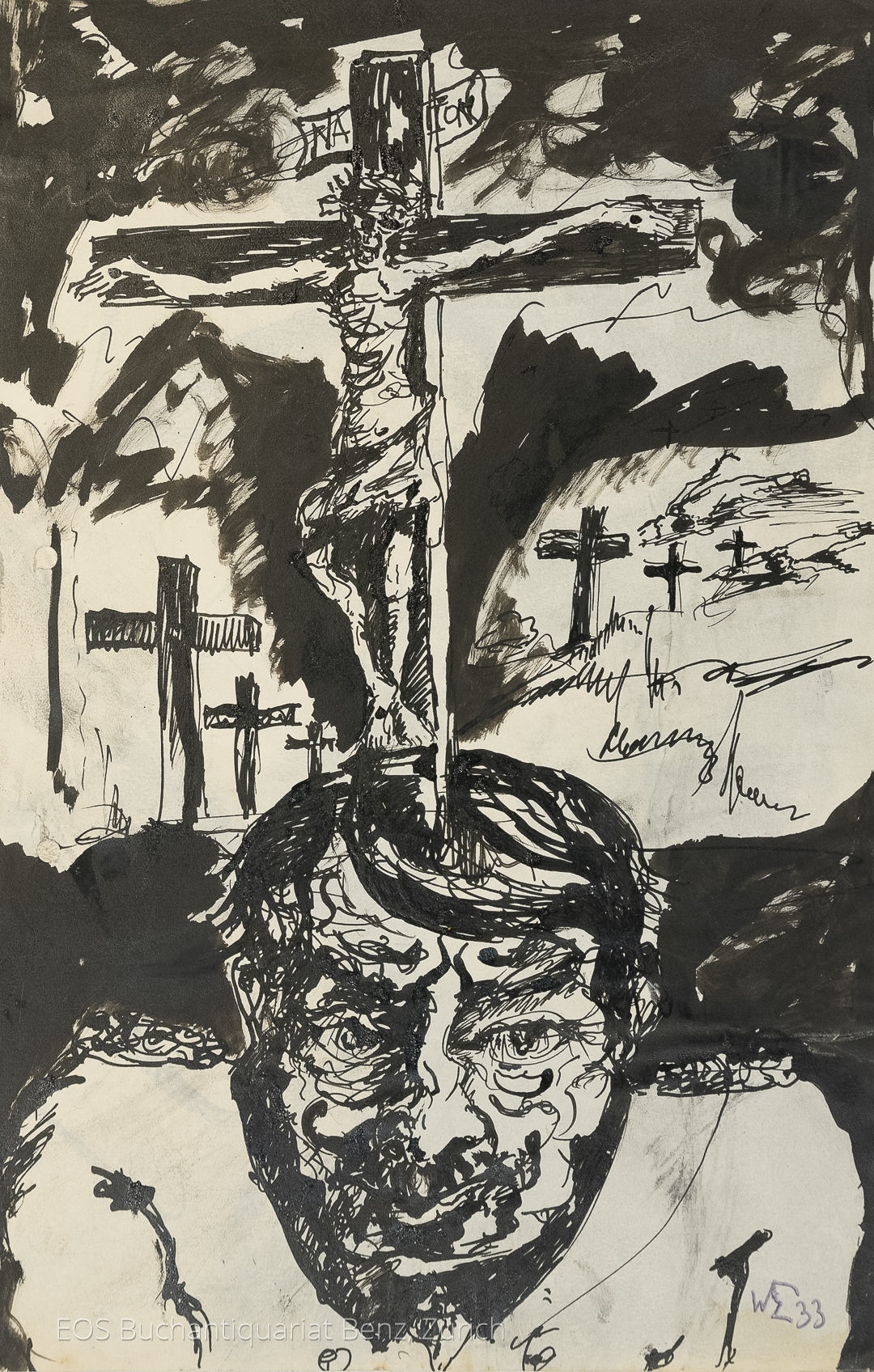 Eckertz, Waldemar (1878–1947): - Kreuzigung und Männerkopf. Mit Kreuzen im Hintergrund.
