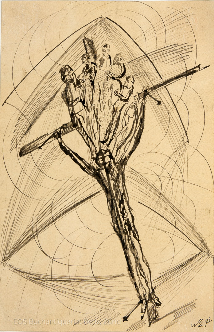 Eckertz, Waldemar (1878–1947): - Kreuzigung mit 6 Personen und Jesus am Kreuz.