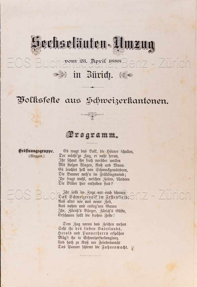 - (Programmheft des) Sechseläuten-Umzugs vom 23. April 1888 in Zürich. Volksfeste aus Schweizerkantonen.