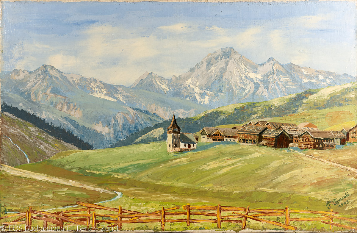 Federli, F.; - Sertig Dörfli mit Kirche und Jakobshorn, Weissfluh im Hintergrund.