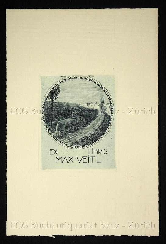 Kornhas, Walter (geb. 1887): - Radierung: Exlibris von Max Veitl - Engadiner Landschaft mit Brunnen.