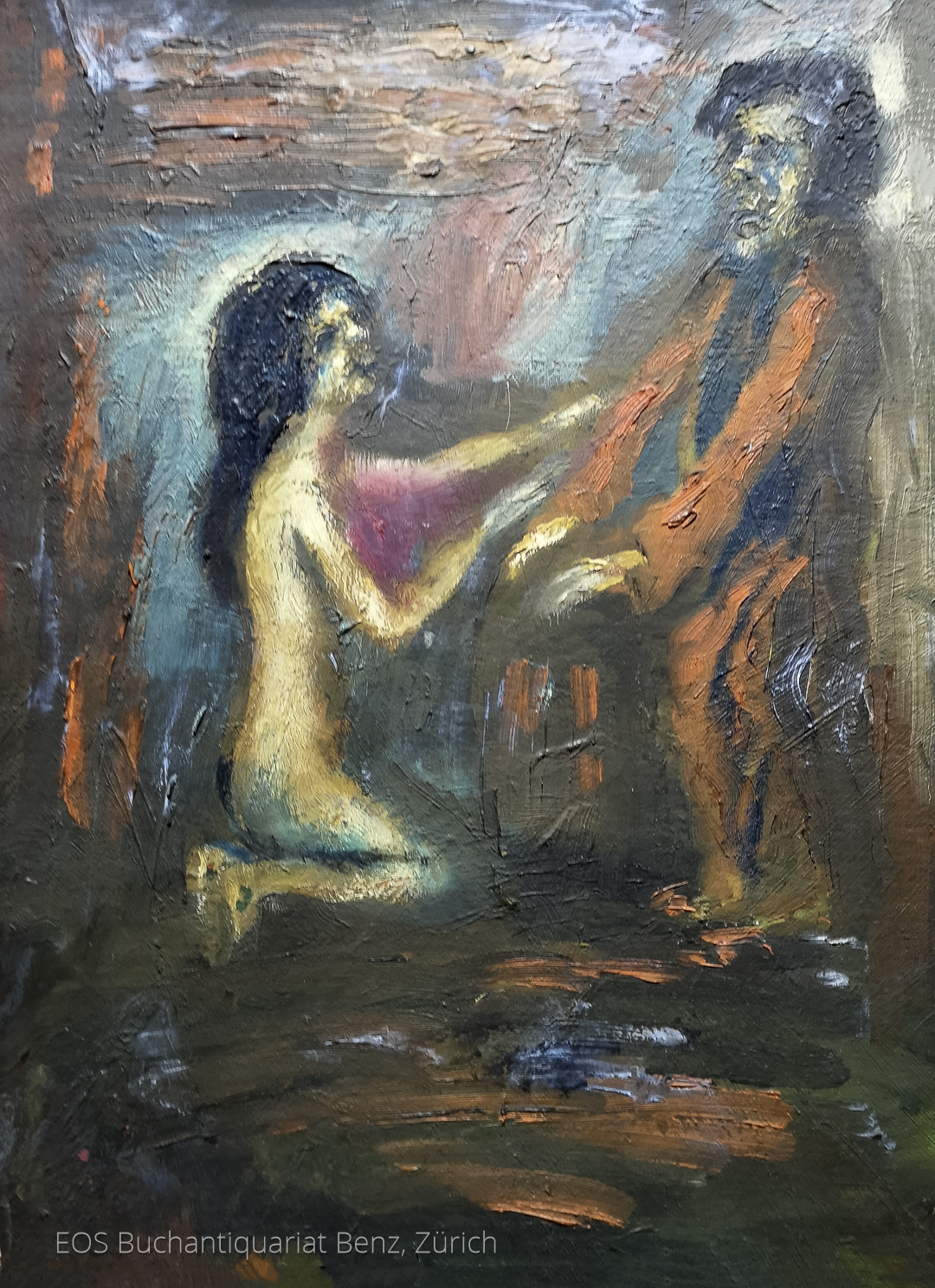 Eckertz, Waldemar (1878–1947): - Nackte Frau kniend und bekleideter Mann stehend.
