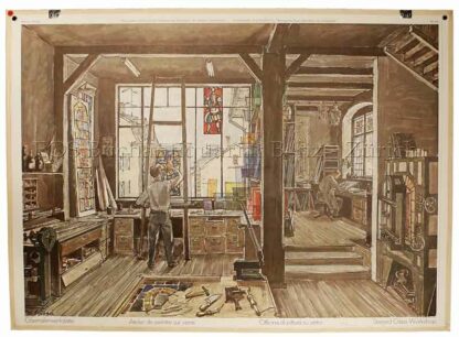 Schaad, Werner (1905-1979): - Glasmalerwerkstätte - Atelier de peintre sur verre - Officina di pittura su vetro - Steined Glass Workshop.