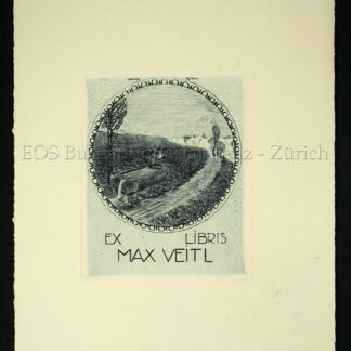 Kornhas, Walter (geb. 1887): - Radierung: Exlibris von Max Veitl - Engadiner Landschaft mit Brunnen.