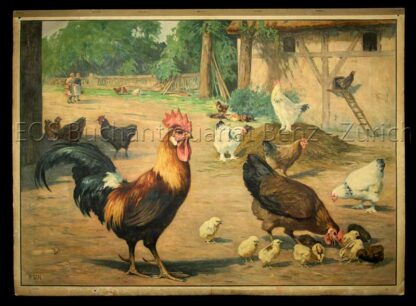- Hühnerhof - Szene auf dem Bauernhof mit Hennen, Kücken und Hühnern.