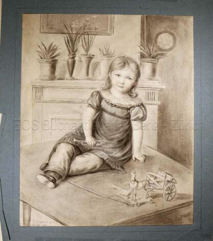 Burgdorfer, Daniel David (1800-1861): - Spielendes Mädchen auf einem Tisch sitzend mit Kindertrompete in der Hand.